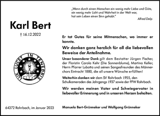 Traueranzeige von Karl Bert von Darmstädter Echo