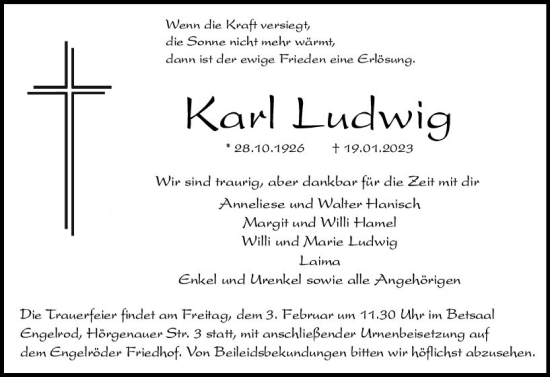 Traueranzeige von Karl Ludwig von VRM Trauer