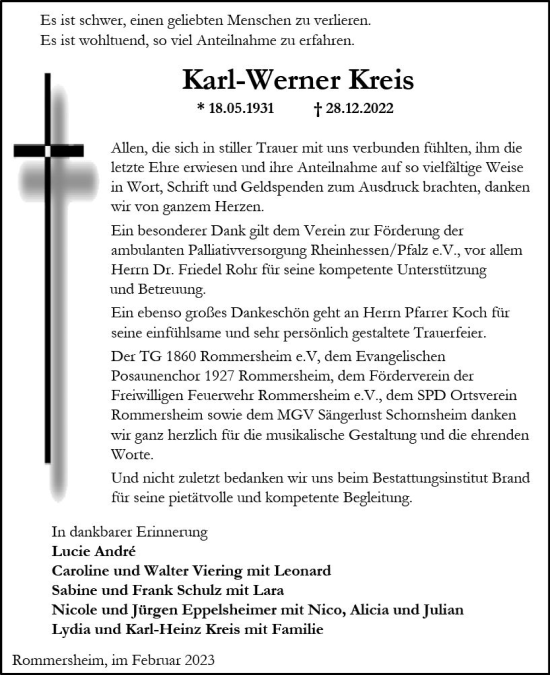 Traueranzeige von Karl-Werner Kreis von Allgemeine Zeitung Alzey