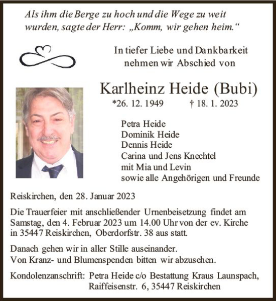 Traueranzeige von Karlheinz Heide von Wetzlarer Neue Zeitung