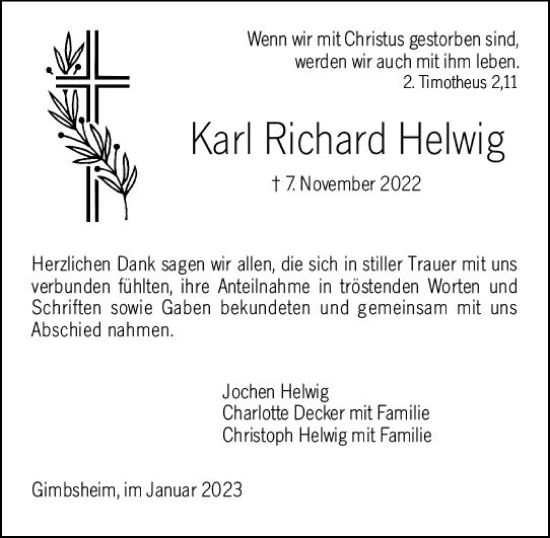 Traueranzeige von Karl Richard Helwig von Wormser Zeitung