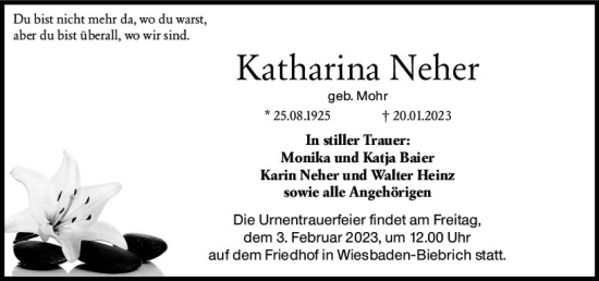 Traueranzeige von Katharina Neher von Wiesbadener Kurier gesamt