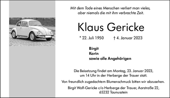 Traueranzeige von Klaus Gericke von Wiesbadener Kurier gesamt
