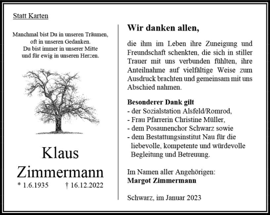 Traueranzeige von Klaus Zimmermann von OK Oberhessen Kurier