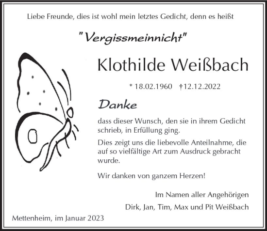 Traueranzeige von Klothilde Weißbach von Wormser Zeitung