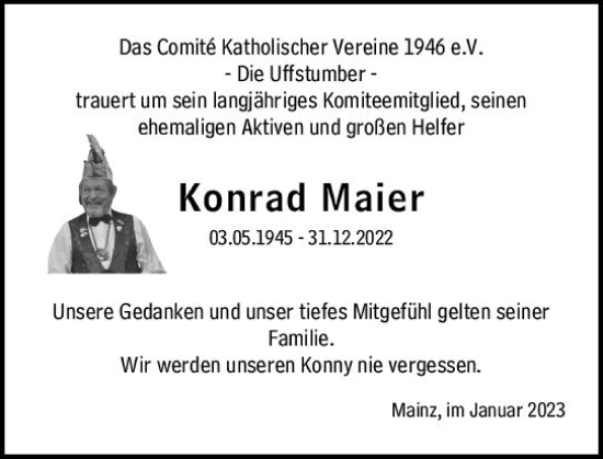 Traueranzeige von Konrad Maier von Allgemeine Zeitung Mainz