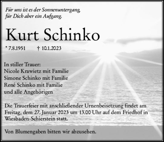 Traueranzeige von Kurt Schinko von Wiesbadener Kurier gesamt