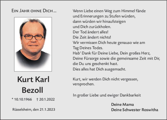 Traueranzeige von Kurt Karl Bezoll von Rüsselsheimer Echo