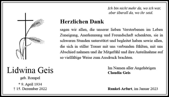 Traueranzeige von Lidwina Geis von Nassauische Neue Presse