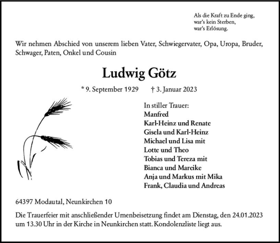 Traueranzeige von Ludwig Götz von Darmstädter Echo