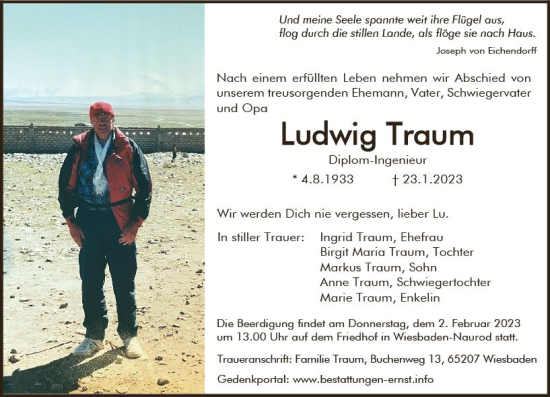 Traueranzeige von Ludwig Traum von Wiesbadener Kurier gesamt