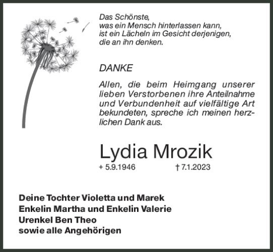 Traueranzeige von Lydia Mrozik von Hochheimer Zeitung