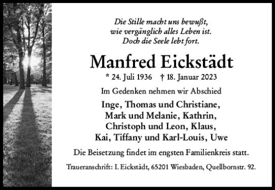Traueranzeige von Manfred Eickstädt von Wiesbadener Kurier gesamt
