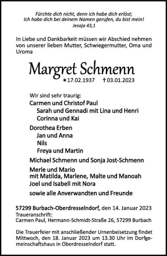 Traueranzeige von Margret Schmenn von Dill Block