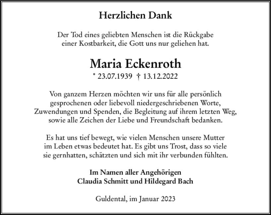 Traueranzeige von Maria Eckenroth von Allgemeine Zeitung Bad Kreuznach