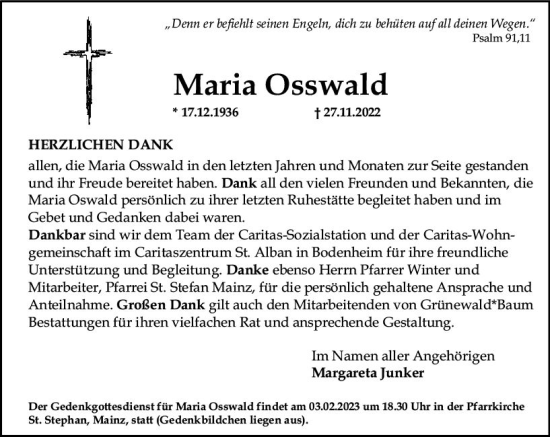 Traueranzeige von Maria Osswald von Allgemeine Zeitung Ingelheim-Bingen