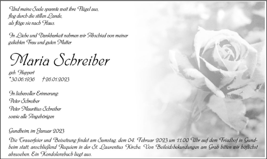 Traueranzeige von Maria Schreiber von Wormser Zeitung