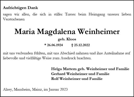 Traueranzeige von Maria Magdalena Weinheimer von Allgemeine Zeitung Alzey