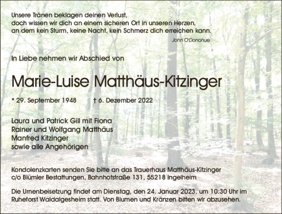 Traueranzeige von Marie Matthäus-Kitzinger von Allgemeine Zeitung Ingelheim-Bingen