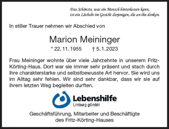 Traueranzeige von Marion Meininger von Nassauische Neue Presse