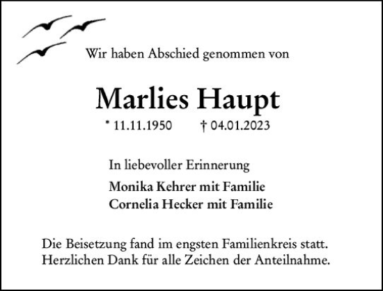 Traueranzeige von Marlies Haupt von Wetzlarer Neue Zeitung