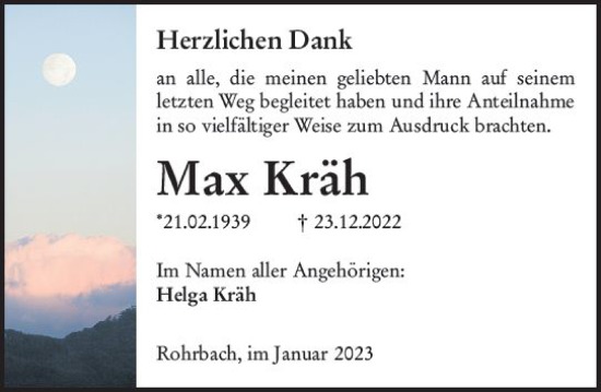 Traueranzeige von Max Kräh von Darmstädter Echo