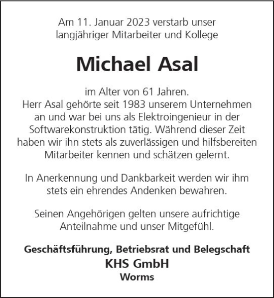 Traueranzeige von Michael Asal von Wormser Zeitung