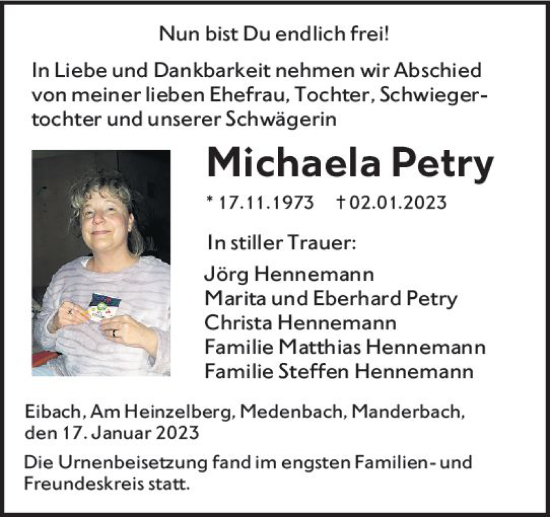 Traueranzeige von Michaela Petry von Dill Block