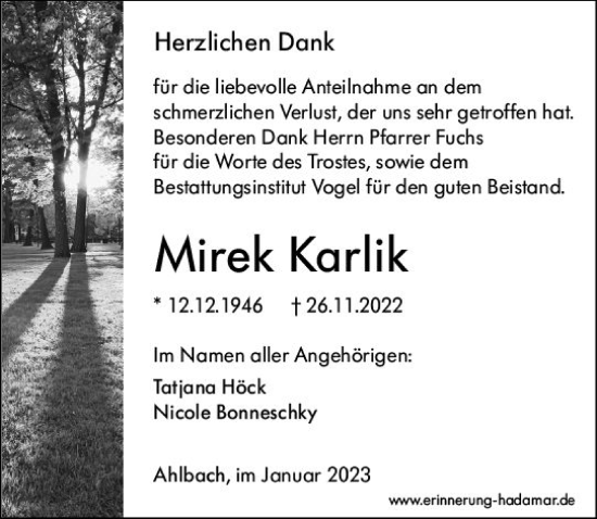 Traueranzeige von Mirek Karlik von Nassauische Neue Presse
