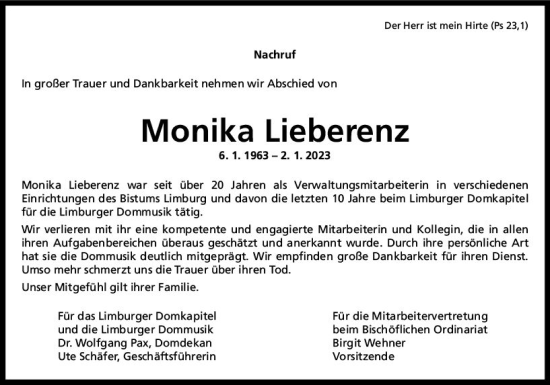 Traueranzeige von Monika Lieberenz von Nassauische Neue Presse