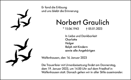 Traueranzeige von Norbert Graulich von Weilburger Tageblatt