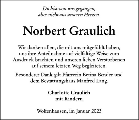 Traueranzeige von Norbert Graulich von Weilburger Tageblatt