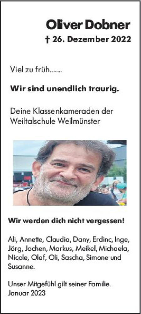 Traueranzeige von Oliver Dobner von Weilburger Tageblatt