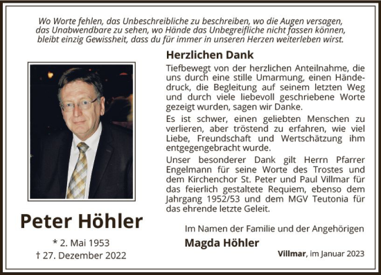 Traueranzeige von Peter Höhler von Nassauische Neue Presse
