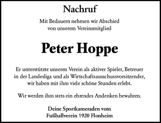 Traueranzeige von Peter Hoppe von Allgemeine Zeitung Alzey