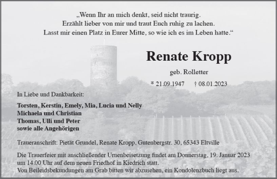 Traueranzeige von Renate Kropp von WK Rheingau