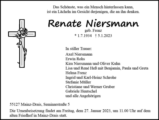 Traueranzeige von Renate Niersmann von Allgemeine Zeitung Mainz