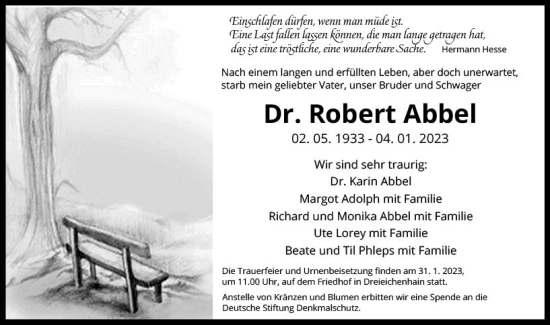 Traueranzeige von Robert Abbel von Wetzlarer Neue Zeitung