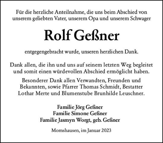 Traueranzeige von Rolf Geßner von VRM Trauer