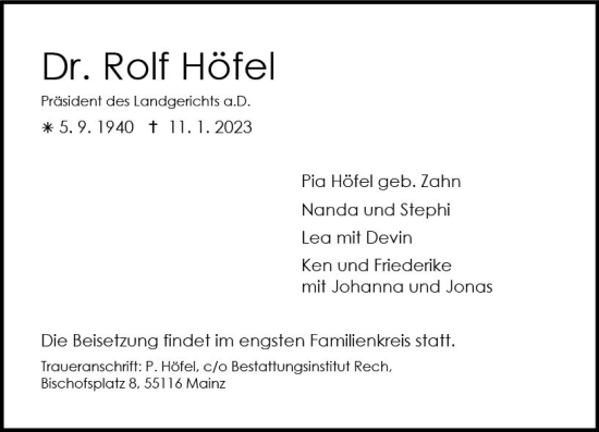 Traueranzeige von Rolf Höfel von Allgemeine Zeitung Mainz