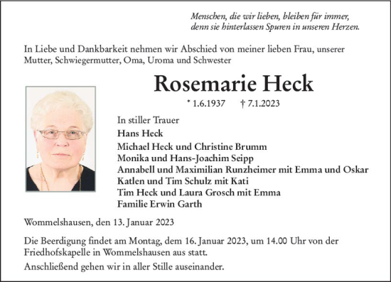 Traueranzeige von Rosemarie Heck von Hinterländer Anzeiger
