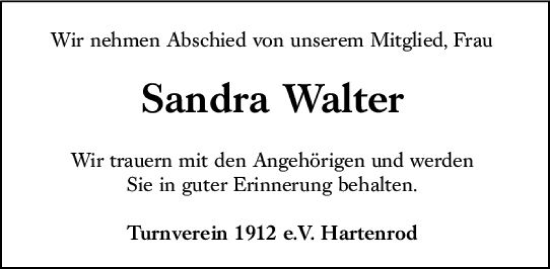 Traueranzeige von Sandra Walter von Hinterländer Anzeiger