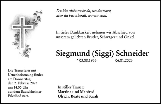 Traueranzeige von Siegmund Schneider von Rüsselsheimer Echo