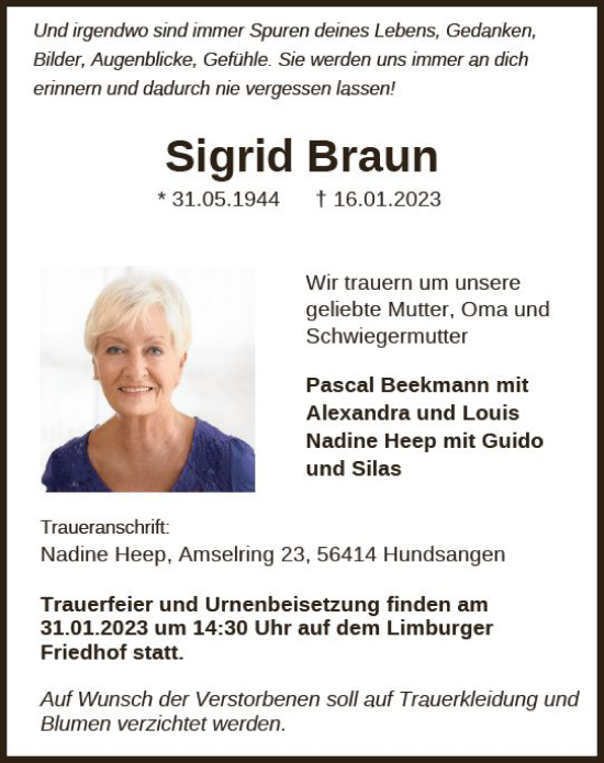 Traueranzeige von Sigrid Braun von Nassauische Neue Presse