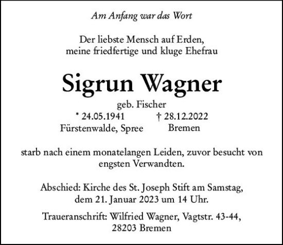 Traueranzeige von Sigrun Wagner von Dill Block