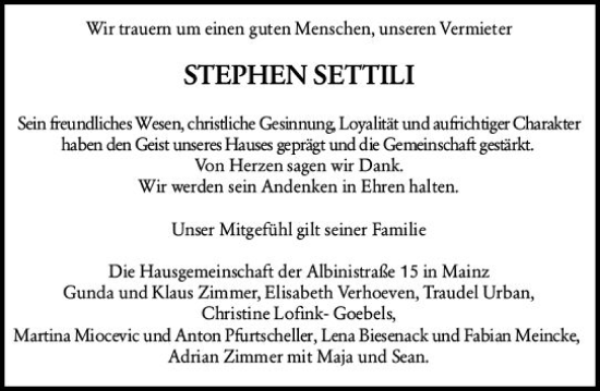Traueranzeige von Stephen Settili von Allgemeine Zeitung Mainz