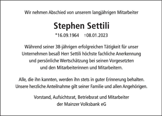 Traueranzeige von Stephen Settili von Allgemeine Zeitung Mainz