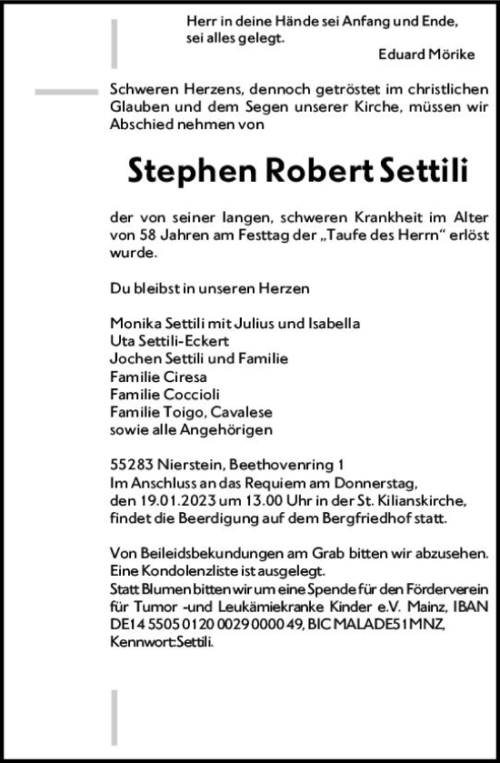 Traueranzeige von Stephen Settili von Allgemeine Zeitung Mainz