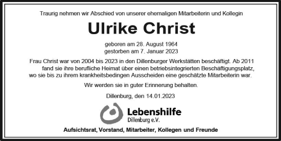 Traueranzeige von Ulrike Christ von Dill Block