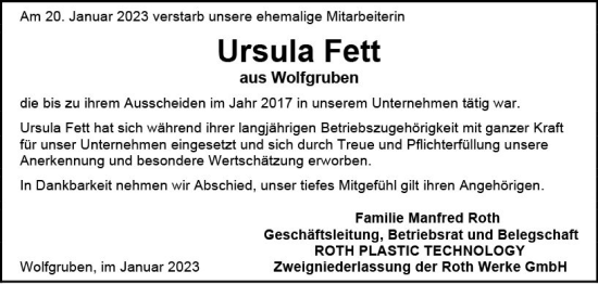 Traueranzeige von Ursula Fett von Hinterländer Anzeiger
